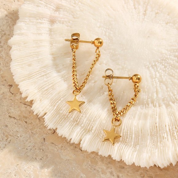 Star Chain Drop Earrings 18K Gold Plating Jewelry Gifts For Her / Wife / Mom - Picture 7 of 11